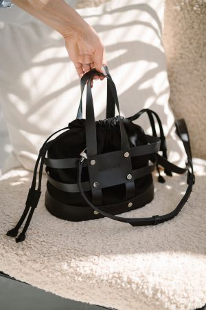 HASHBAG -  czarna - torebka koszyk skórzany z bawełnianym wkładem